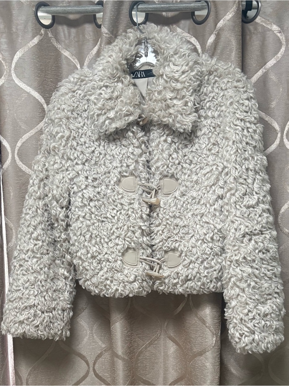 Zara M Cream Curly Faux-Shearling Toggle Jacket